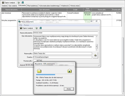 Manager Projektów - Wysyłanie dokumentów na serwer